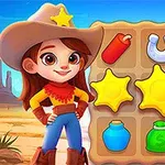 Dziewczynka przebrana za kowbojkę stoi przed planszą z kolorowymi ikonami, takimi jak gwiazdy i podkowę, na tle pustynnego krajobrazu