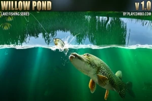 Podwodna scena z rybą tuż pod powierzchnią wody, atakującą przynętę na haczyku, z zielonymi roślinami w tle