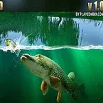 Podwodna scena z rybą tuż pod powierzchnią wody, atakującą przynętę na haczyku, z zielonymi roślinami w tle