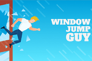 Mężczyzna skaczący przez wybite okno z dynamicznym, niebieskim tłem i napisem WINDOW JUMP GUY
