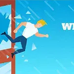 Mężczyzna skaczący przez wybite okno z dynamicznym, niebieskim tłem i napisem WINDOW JUMP GUY