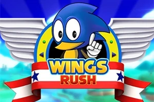 Niebieski ptak z dużymi oczami i skrzydłami, z napisem Wings Rush w kolorowej ramce z gwiazdami i niebieskim tłem
