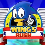 Niebieski ptak z dużymi oczami i skrzydłami, z napisem Wings Rush w kolorowej ramce z gwiazdami i niebieskim tłem