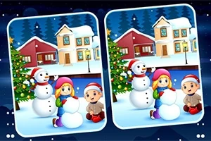 Dwa obrazki przedstawiające dzieci lepiące bałwana w zimowym otoczeniu z domami i choinką w tle, na tle nocnego, zimowego krajobrazu