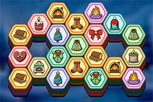 Hexagonal tiles with winter-themed icons such as mittens, hats, and fire