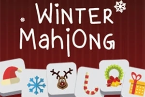 Napis Winter Mahjong na czerwonym tle z motywami świątecznymi, takimi jak czapka Mikołaja, płatek śniegu, renifer, laska cukrowa, wieniec i prezent na kafelkach
