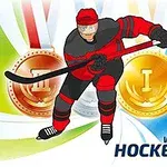 Hokeista w czerwono-czarnym stroju na lodzie z medalami w tle i napisem Winter Sports Hockey Hero
