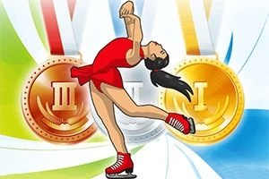 Łyżwiarka figurowa w czerwonym stroju wykonująca skomplikowany układ na tle trzech medali: złotego, srebrnego i brązowego