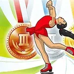 Łyżwiarka figurowa w czerwonym stroju wykonująca skomplikowany układ na tle trzech medali: złotego, srebrnego i brązowego