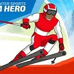 Narciarz w czerwono-białym stroju zjeżdżający po stoku z kijami narciarskimi