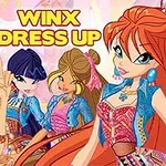 Cztery animowane postacie z kolorowymi ubraniami i biżuterią na tle z napisem Winx Dress Up