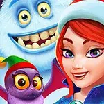 Uśmiechnięta postać z rudymi włosami w czapce Mikołaja, fioletowy stworek ze skrzydłami, oraz biały futrzasty stwór w tle