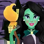 Zielonoskóra kobieta z czarnymi włosami trzyma miotłę na tle pełni księżyca i mrocznego domu