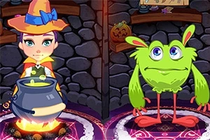 Czarownica z kociołkiem i zielony stworek w kolorowej scenerii z dynią na półce w tle