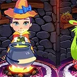 Czarownica z kociołkiem i zielony stworek w kolorowej scenerii z dynią na półce w tle