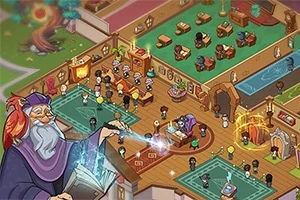 Kolorowa ilustracja przedstawiająca wnętrze magicznej szkoły z uczniami i nauczycielami, w tym postać czarodzieja z różdżką w lewym dolnym rogu