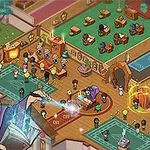 Kolorowa ilustracja przedstawiająca wnętrze magicznej szkoły z uczniami i nauczycielami, w tym postać czarodzieja z różdżką w lewym dolnym rogu