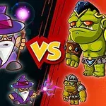 Czarodziej i ork w stylu kreskówkowym stoją naprzeciwko siebie, oddzieleni literami VS, na kolorowym tle