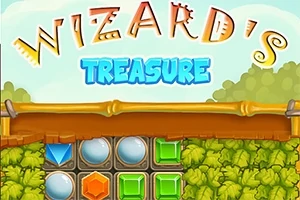Kolorowe klejnoty i napisy Wizards Treasure na tle liści i drewnianych elementów