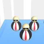 Trzy kuliste postacie w ciemnych okularach i czerwonych krawatach stoją na niebieskiej platformie