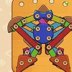 Kolorowa, drewniana konstrukcja z różnych kształtów i śrubek na pomarańczowym tle