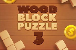 Napisy Wood Block Puzzle 3 na drewnianym tle z rozrzuconymi drewnianymi klockami i żółtymi monetami