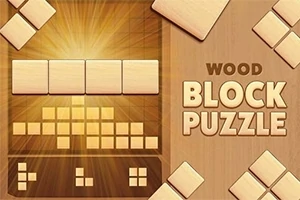 Drewniana układanka z blokami na tle z promieniami świetlnymi oraz napis Wood Block Puzzle