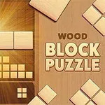 Drewniana układanka z blokami na tle z promieniami świetlnymi oraz napis Wood Block Puzzle