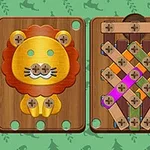 Drewniane puzzle z elementami przedstawiającymi pszczołę, lwa i wzór z kolorowymi sznurkami na tle z motywem leśnym