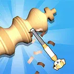 Drewniana figura szachowa obrabiana narzędziem z motywem pieska na tle niebieskich promieni