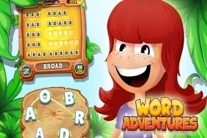 Dziewczynka z rudymi włosami, uśmiecha się, obok niej drewniana tablica z ułożonymi słowami i literami w okręgu oraz napis „Word Adventures” na tle liści