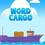 Statek towarowy na morzu z dwoma skrzyniami i napisem WORD CARGO na tle nieba z chmurami