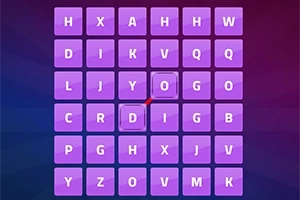 Fioletowa plansza z literami w układzie siatki 5x5 na ciemnym tle