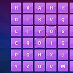 Fioletowa plansza z literami w układzie siatki 5x5 na ciemnym tle