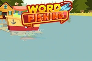 Łódź z kotwicą na wodzie w pobliżu domku, z napisem Word Fishing i rysunkiem ryby