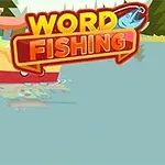 Łódź z kotwicą na wodzie w pobliżu domku, z napisem Word Fishing i rysunkiem ryby