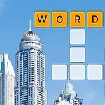 Litery tworzące słowo na tle krajobrazu miejskiego z wieżowcami i niebieskim niebem