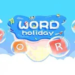 Niebiesko-różowe tło z chmurkami, na środku napisy WORD holiday, otoczone bańkami z literami