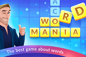 Mężczyzna z uniesionym kciukiem obok żółtych liter układających się w słowo WORD MANIA na tle niebieskiej siatki, z kolorowym paskiem z napisem „The best game about words” na dole