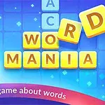 Mężczyzna z uniesionym kciukiem obok żółtych liter układających się w słowo WORD MANIA na tle niebieskiej siatki, z kolorowym paskiem z napisem „The best game about words” na dole