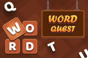 Drewniana tablica z napisem WORD QUEST wisząca na łańcuchach, otoczona literami ułożonymi w kształt krzyżówki na brązowym tle