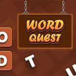 Drewniana tablica z napisem WORD QUEST wisząca na łańcuchach, otoczona literami ułożonymi w kształt krzyżówki na brązowym tle