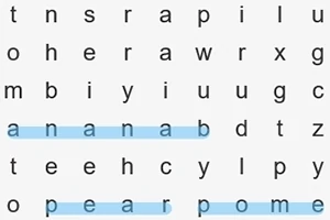 Krzyżówka z literami, gdzie podświetlone są słowa: banana, pear, i pome