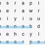 Krzyżówka z literami, gdzie podświetlone są słowa: banana, pear, i pome