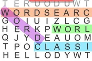 Krzyżówka z wyróżnionymi kolorowymi słowami WORDSEARCH, WORLD i CLASSI
