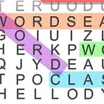 Krzyżówka z wyróżnionymi kolorowymi słowami WORDSEARCH, WORLD i CLASSI