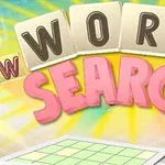 Napis WORD SEARCH w stylu grafik z krzyżówkami na tle promieni słonecznych z planszą do gry na dole