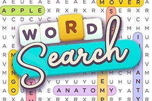 Grafika ilustruje kolorowy układ krzyżówki z zaznaczonymi słowami i napisem Word Search na tle siatki liter