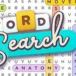 Grafika ilustruje kolorowy układ krzyżówki z zaznaczonymi słowami i napisem Word Search na tle siatki liter