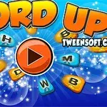 Kolorowe litery na niebieskim tle, z dużym napisem WORD UP oraz ikoną bomby i przyciskiem odtwarzania